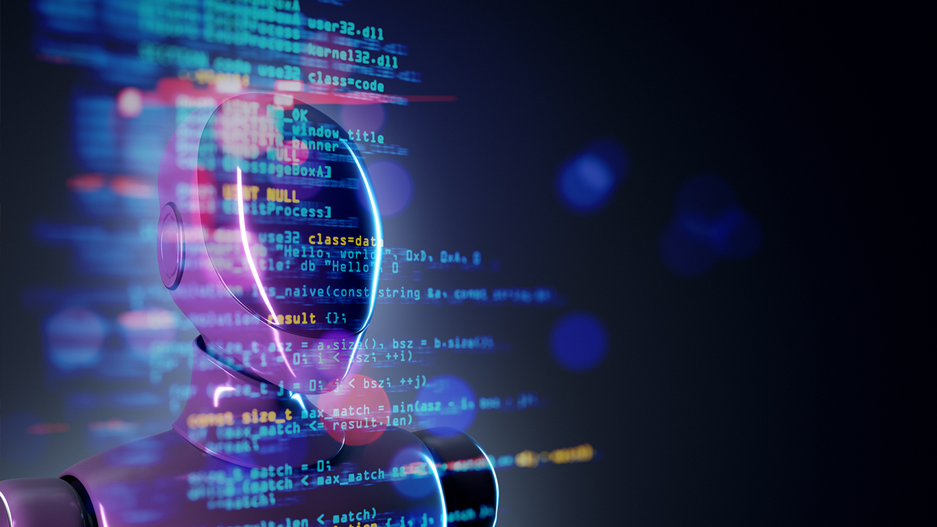 A humanoid robot surrounded by projected code, representing AI-driven software engineering and the rise of agentic development tools like Claude Code.